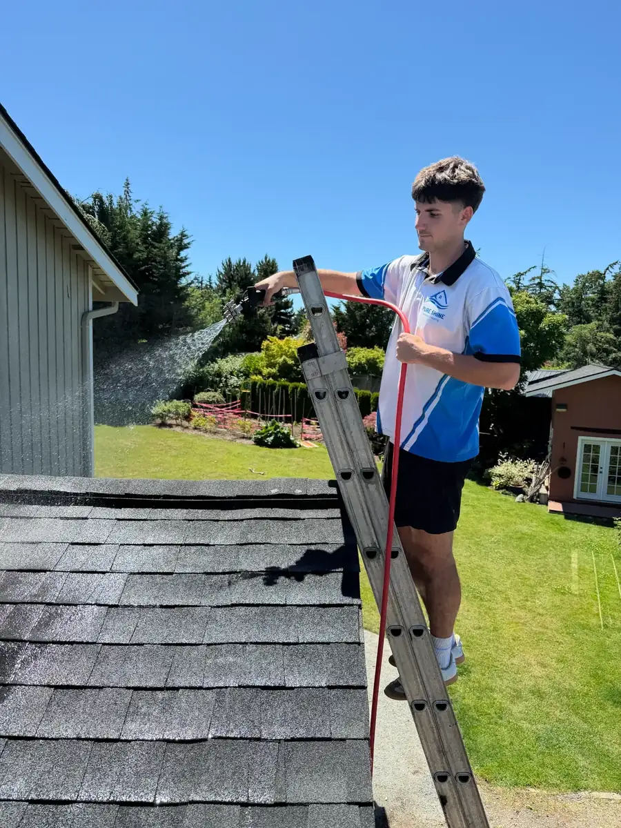 Technician softwashing a roof